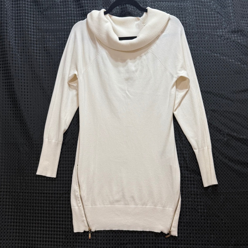 Guess‎ Cowl Neck Sweater Women L Cream Gold Side Zip Tunic Minimalist Layering